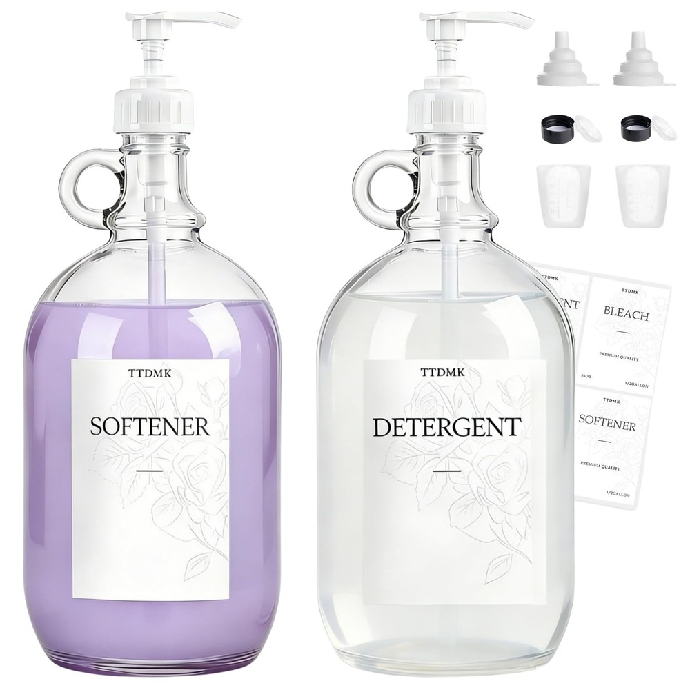 2 Pcs Glass Liquid Laundry Detergent Dispenser, Half 64oz, Black,transparent