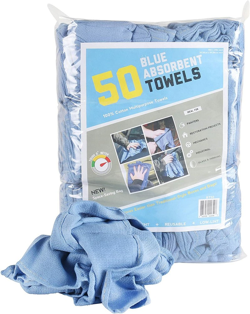 Bag of 50 Huck Cleaning Towels – 14 x 24 Cotton Reusable Blue Drying Cloth Rags
