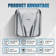 Elephant Power Commercial Hand Dryer High Speed Auto Warm Wind, Polished Stainle