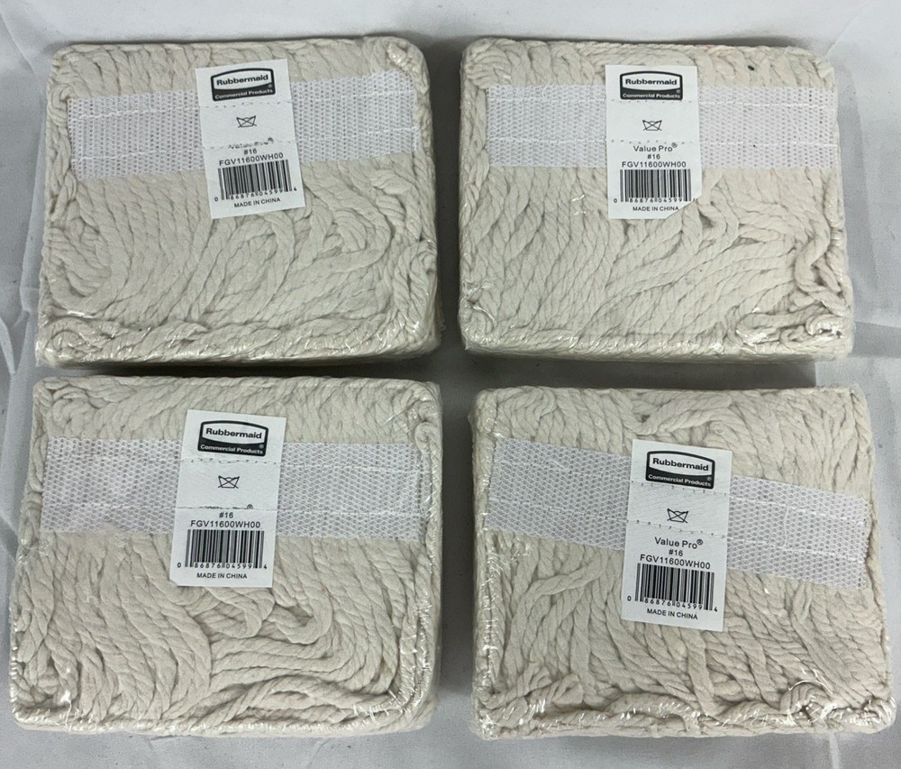 4 Rubbermaid Commercial Value PRO #16 16 Oz. Mop Heads Cut-End Cotton Mop Heads