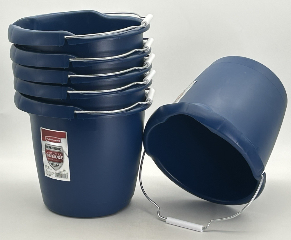 (6 PK) NEW Rubbermaid Commercial 15 Qt 14.2″ L Roughneck Blue Bucket Pour Spout