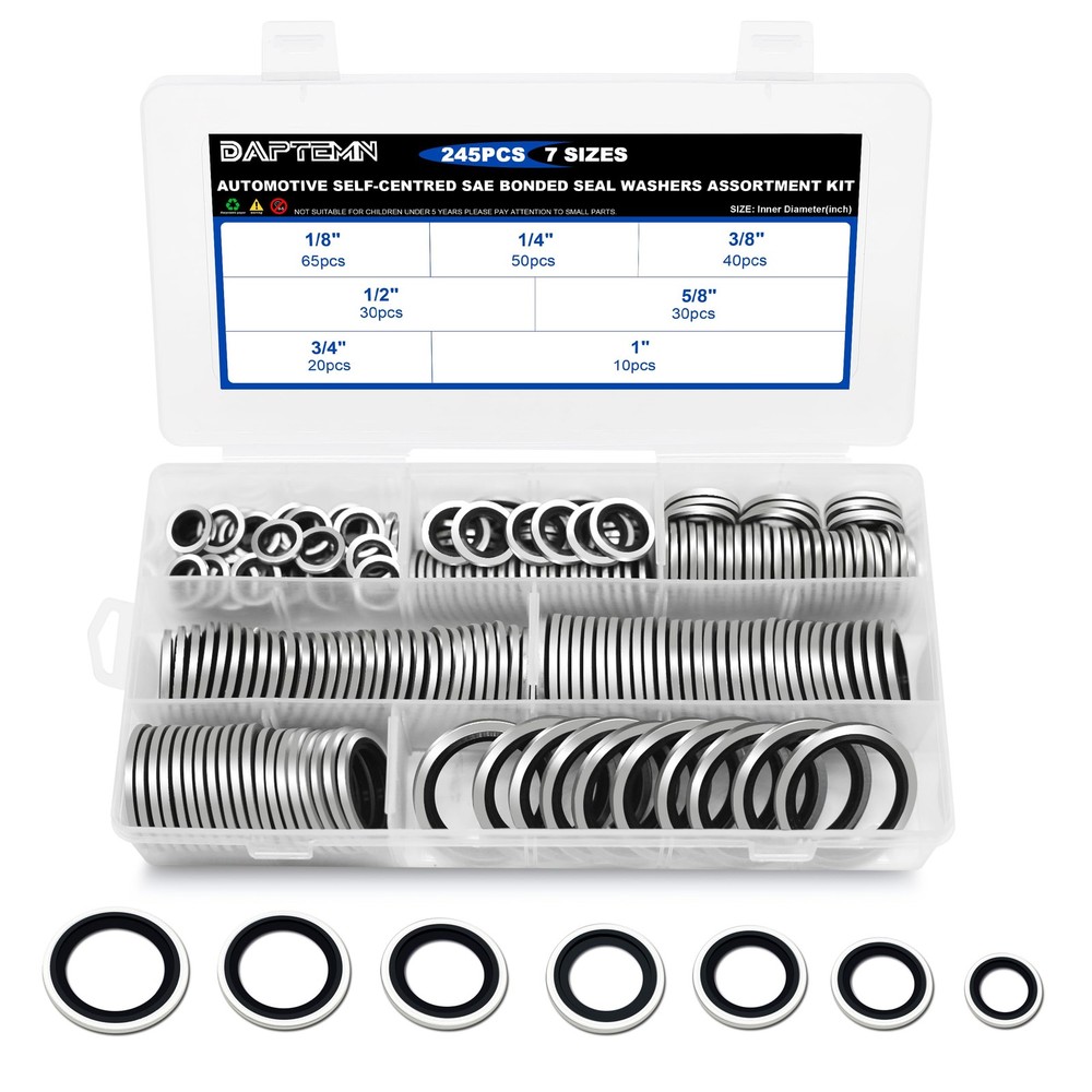 Daptemn 245 PCS SAE Bonded Sealing 1/8″ – 1″, 245PCS Black Seal Washers