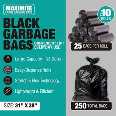 Maximite Contractor Trash 33 Gallon 2.5 Mil 250 Count Bulk Heavy-Duty Black