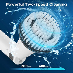 Rotary electric floor scrubber with 3 interchangeable brush heads.
