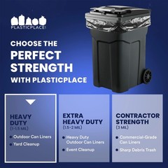 Plasticplace 64-65 Gallon Black Trash Bags Heavy Duty Toter Can Liners Tear