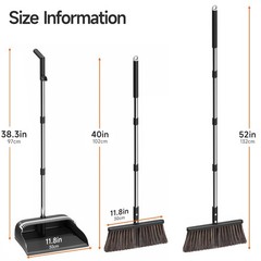 CTIME Broom and Dustpan Set, Extra Brush Head & 52″ Adjustable Black, Gray