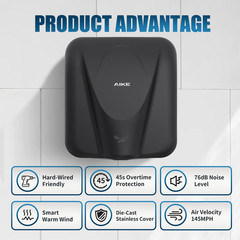 Elephant Power Commercial Hand Dryer High Speed Auto Warm Wind, Matte Black Ther