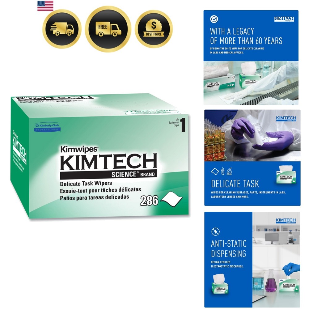 Kimwipes, Delicate Task Wipers, 1-Ply, 4.4 x 8.4, Unscented, White, 286/Box