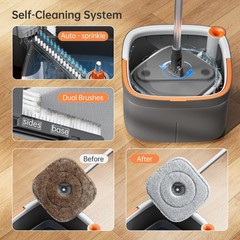 Spin Mop and Bucket Set with 2 Replaceable Microfiber Mop Pads with Self Sepa…