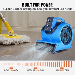 VEVOR Floor Blower Fan Air Mover 2600 CFM 3-Speed 1/2 HP Floor Carpet Dryer