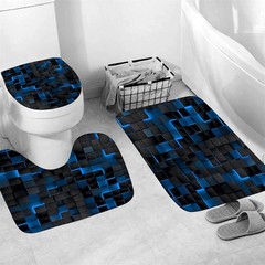 4Pcs Blue Shower Curtain Set 3D Cubes Bathroom Sets Modern Shower Curtain Set
