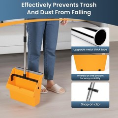 REEWII Large Broom and Dustpan Set，Long Handle Upright Dust Pan Orange