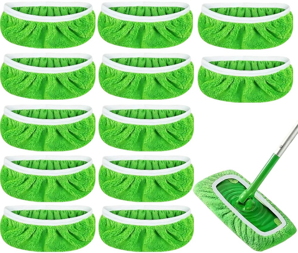 12-Pack Reusable Coral Fleece Mop Pads Washable Wet Mopping Cloths and Green