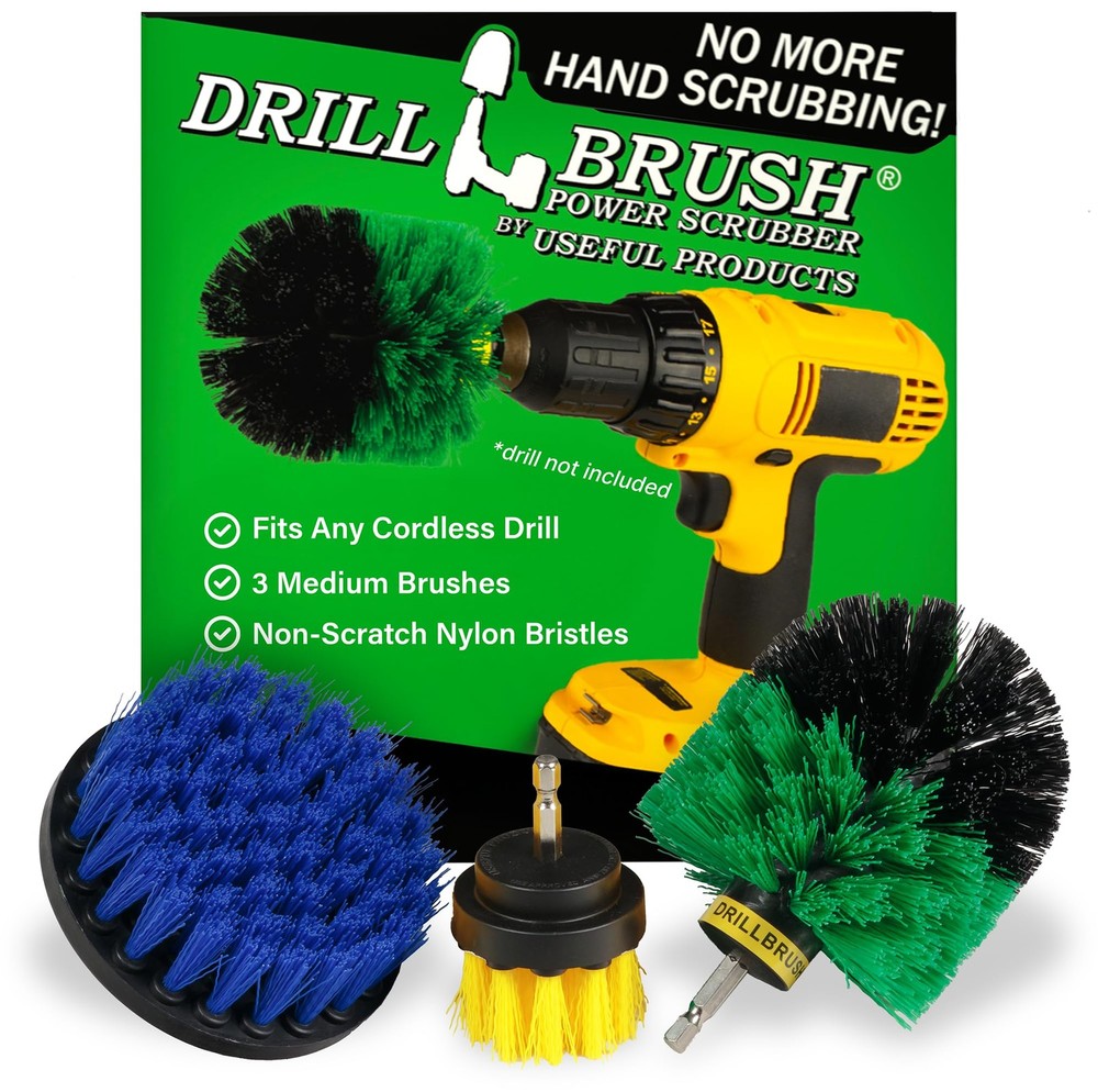 Drillbrush Medium Drill 2in, 4in, 3.5in corner brush, Yellow, Green, Blue