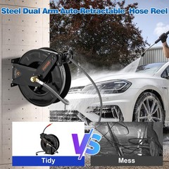 FIXFANS Pressure Washer Hose Reel with for Hot and 50 FT, Black, Grey
