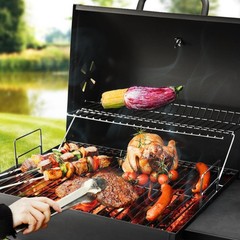 Outdoor Charcoal BBQ Grill Barrel Smoker w/ Side Table 500 Sq In Black