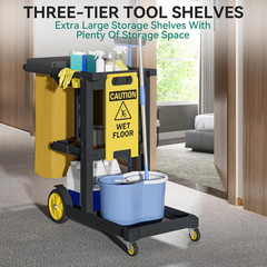 3-Shelf Janitorial Cleaning Cart with 2 Yellow Bags & Gloves – Black