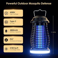 Cordless Bug Zapper4200V RechargeableWaterproof Mosquito Fly Trap Indoor Outdoor