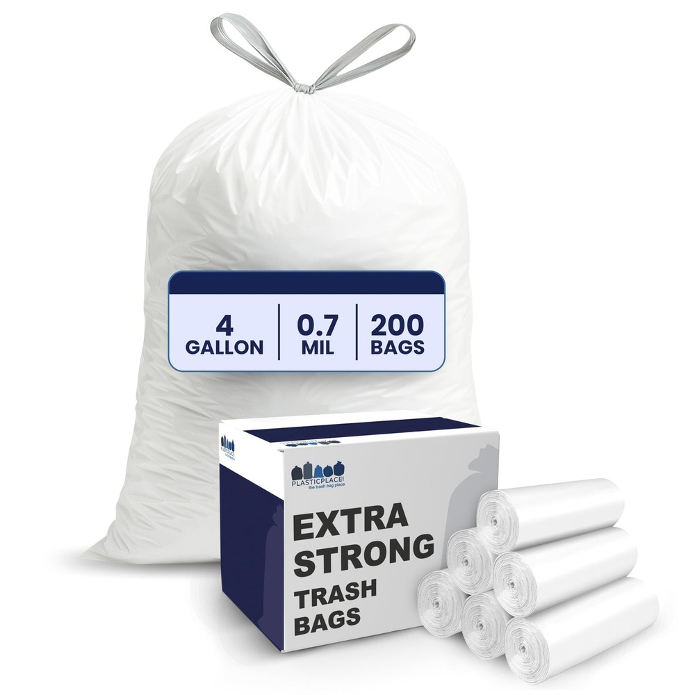 Plasticplace 4 Gallon White Drawstring Trash 200 Count (Pack of 1),