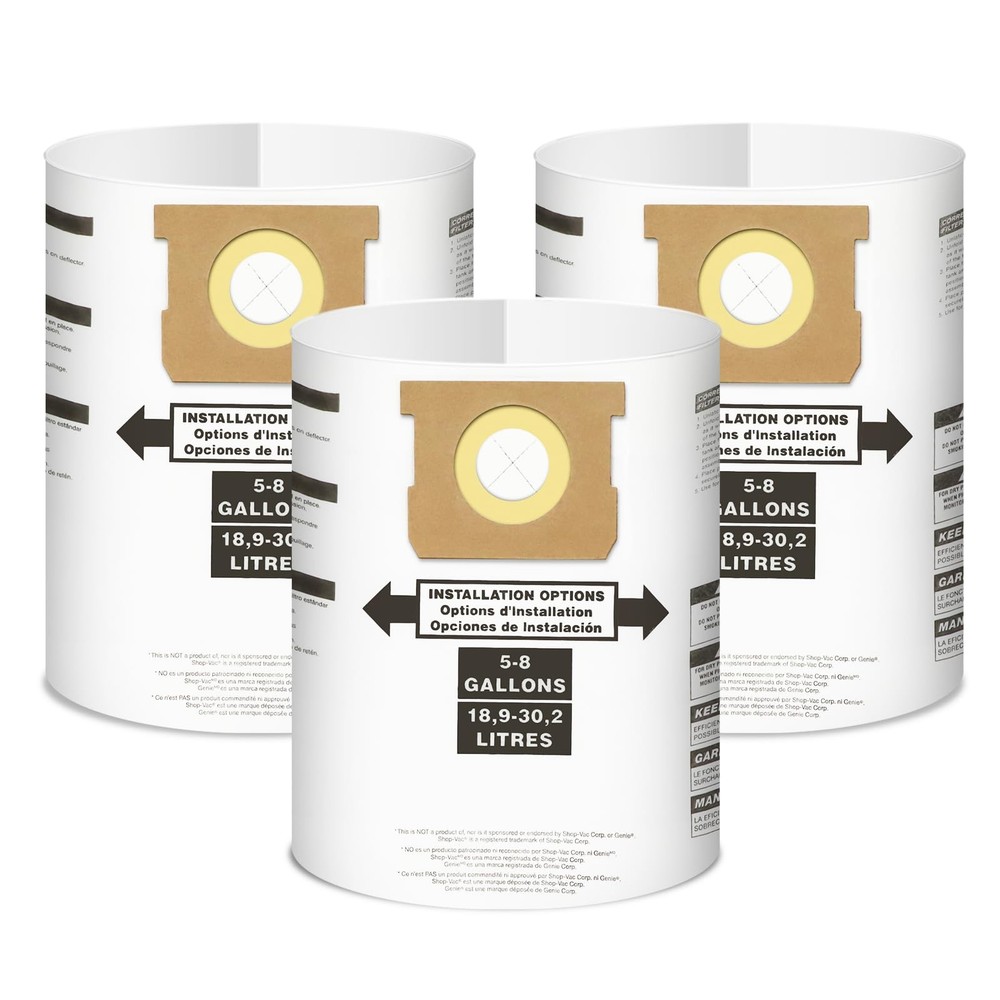 3 Pack Replacement for Shop Vac Bags 5-8 Gallon (3 pcs), White