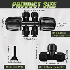 24 Pieces Drip Irrigation Parts 8 Pcs 1/2” to 1/4” and 1/4”, Black