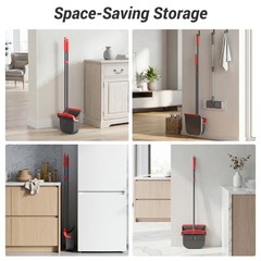 Zeawec Broom with Dustpan Combo Set, Long Handle Upright Standing Red & Gray