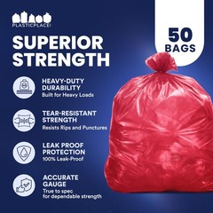 Plasticplace 55-60 Gallon Trash 1.2 Mil Red Heavy Duty Garbage Can 38 X 58 50