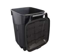 Tough 45 Gallon Wheeled Heavy Duty Plastic Garbage Can, Attached Lid, Black