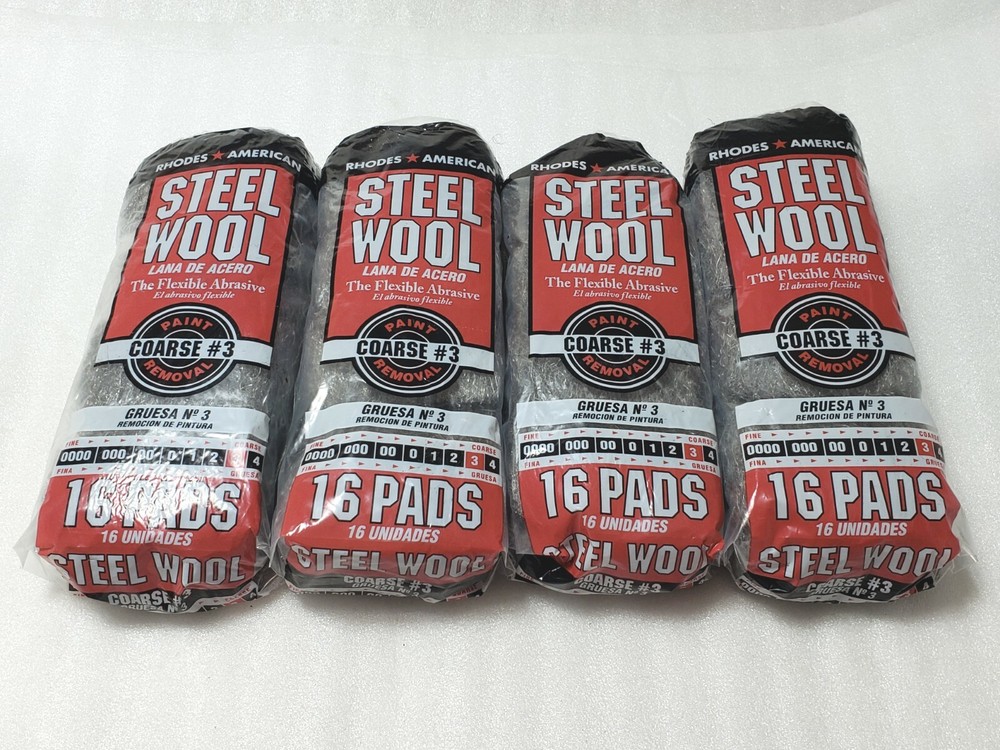 64 Pads – 4 Packs – Rhodes American Homax #3 Steel Wool Coarse Grade 3, 105-0164