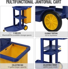 Heavy Duty Janitorial Cart 500 Lbs Capacity, 3-Tier Housekeeping Cart with Wheel