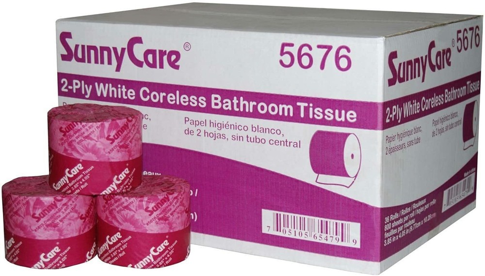 SunnyCareTwo-ply White Coreless Bathroom Tissue 3.85inW x 4.05in L36 Rolls/case