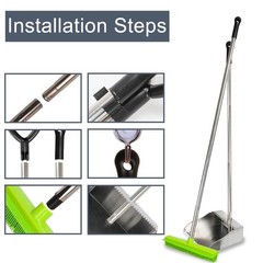 Rubber Broom and Dustpan Set,Pet Hair Removal Rubber Broom with Squeegee and Sta