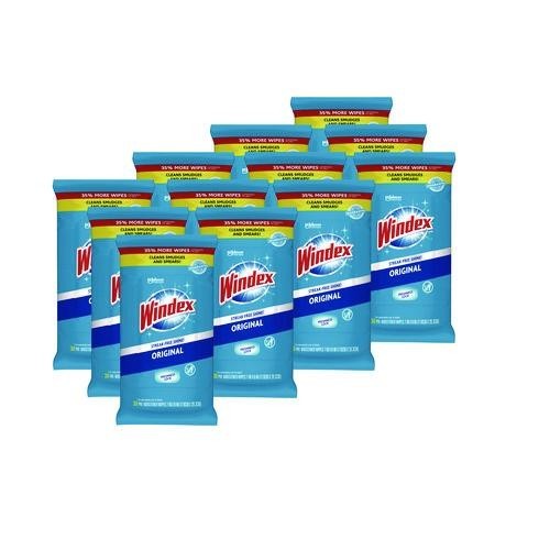 Windex Glass and Surface Wet Wipe, Cloth, 7 x 8, Unscented, 38/Pack, 12 Packs/CT