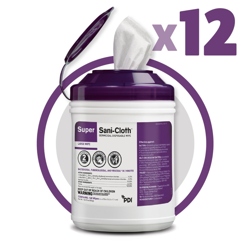 CASE 12 PDI Q55172 Super Sani-Cloth Germicidal Disposable Wipes Large CANISTERS