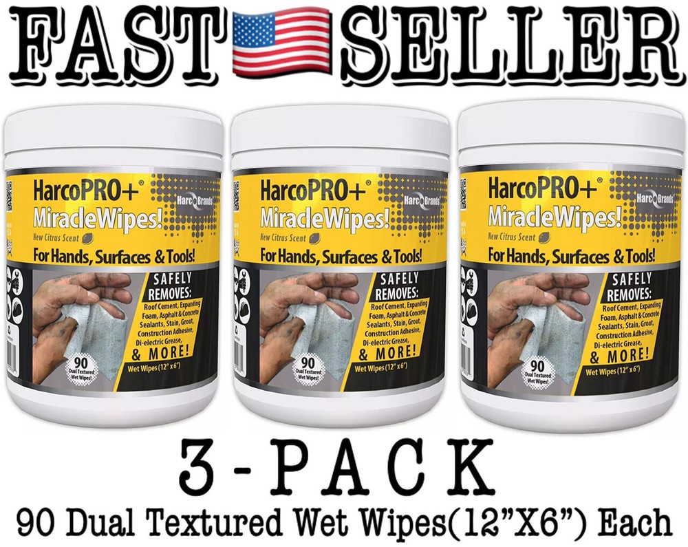 HarcoPRO+ Miracle Wipes 90 Wet Wipes 12×6” For Hands, Surfaces & Tools (3-PACK)