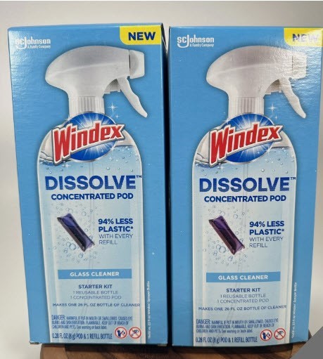 Lot 2 Windex Dissolve Concentrated Pod Glass Cleaner Starter Kit Reusable Bottle