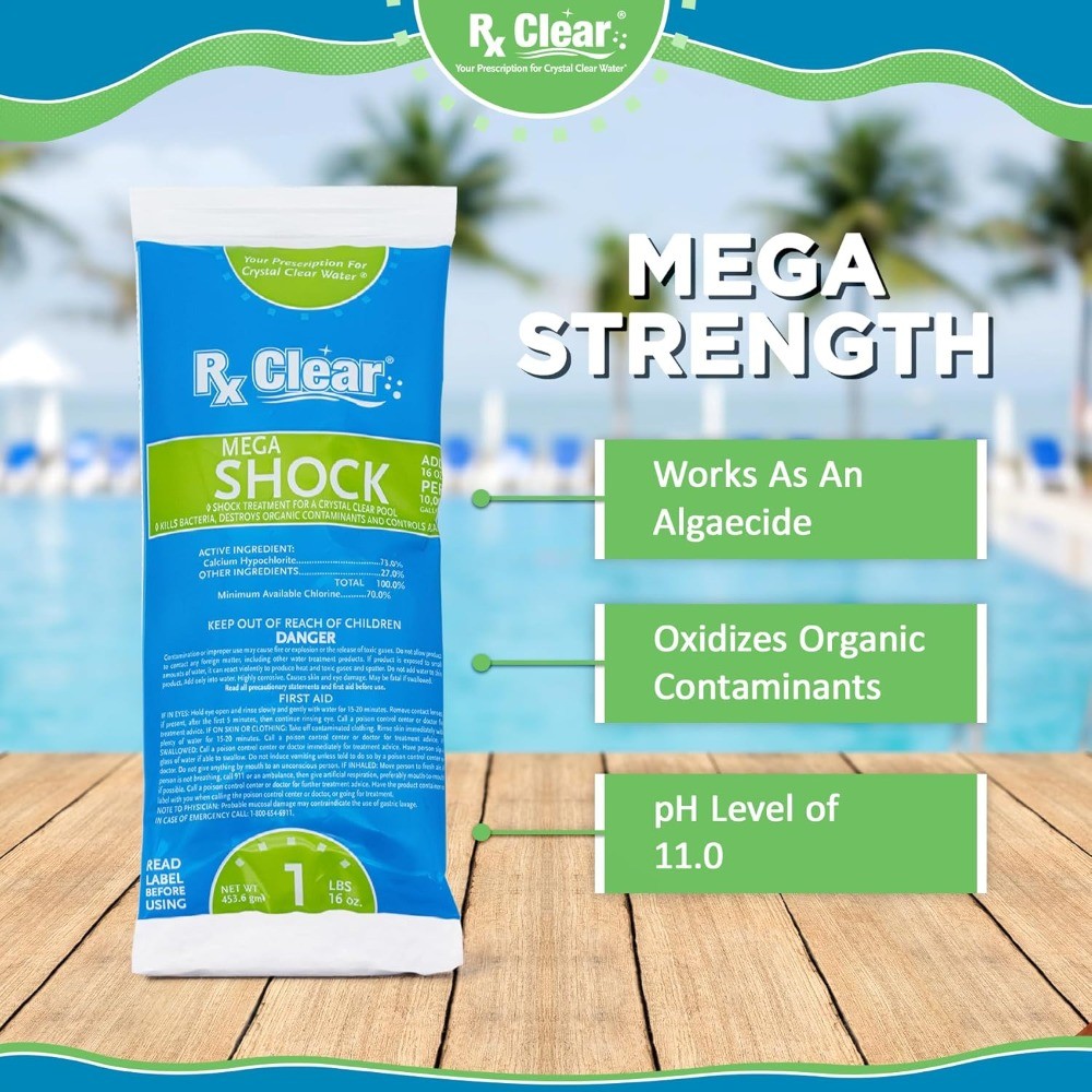 Rx Clear Mega Shock | 73% Calcium Hypochlorite | 1 lb per bag | 24-Bag Pack