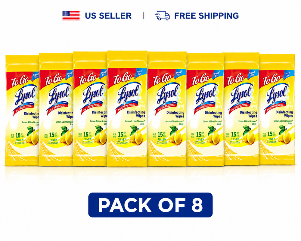 Lysol Disinfecting Wipes To Go Lemon & Lime Blossom Travel Size 15ct Pack of 8