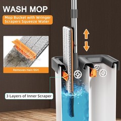 JUDRDO Mop and Bucket 61″ microfiber mop bucket set-4pads, White&gray