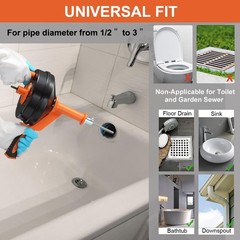 Drain Auger, Clog Remover 24.606 feet long with a 3-inch diameter, Orange