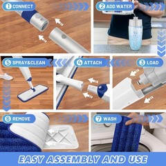 HOMTOYOU Microfiber Flat Mop with Sprayer: Spray Medium, White Blue