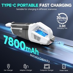 CKIKH Handheld Vacuum Cordless, 15000PA Strong Suction Hand White & Silver