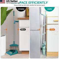 XXXFLOWER Broom and Dustpan Set with Cleaning Teeth, 55″ Long Bluish Green