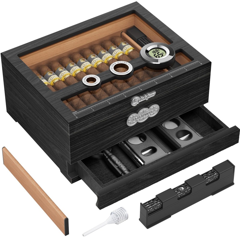 LIHTUN Cigar Humidor, Glass Top Desktop Humidor Box, CH-1, Woodgrain