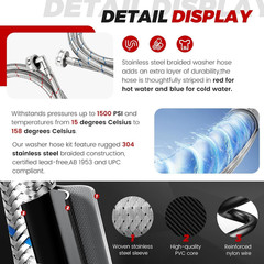 6Ft Stainless Steel Washer Hose with 90 Degree Elbow by Puxyblue Red and Blue