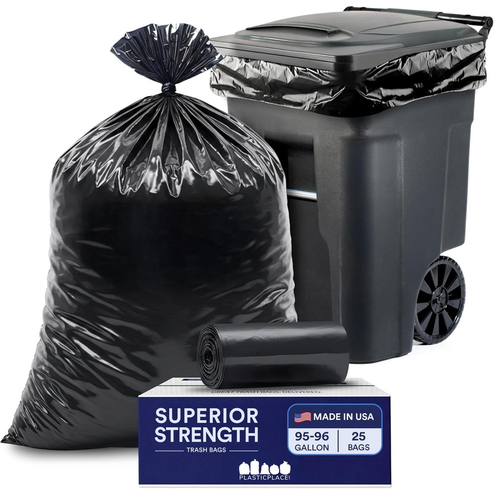 Plasticplace 95-96 Gallon Garbage Can Liners Heavy Duty 1.5 Mil Black Trash