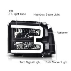 LED DRL Headlamps For Ford F250-F550 Super Duty 05-07 Clear Lens Black Housing