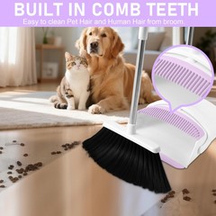 Broom with Dustpan Combo Set for Home, 52-in Long Adjustable White-purple