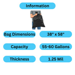 LLDPE Star Seal Can Liner Bag 55-60 Gal Black 1.25 Mil 38″ x 58″ 200 bags