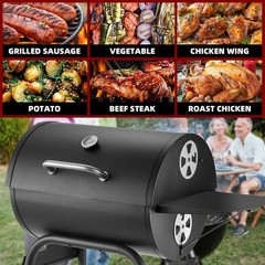 Outdoor Charcoal BBQ Grill Barrel Smoker w/ Side Table 500 Sq In Black